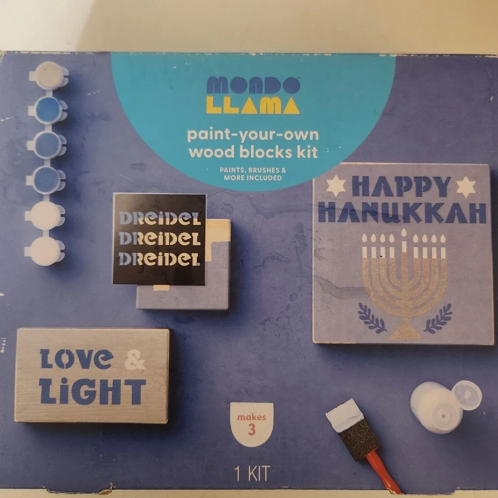 Mondo Llama Hanukkah Paint-Your-Own Wood Blocks Kit Dreidel Menorah NEW